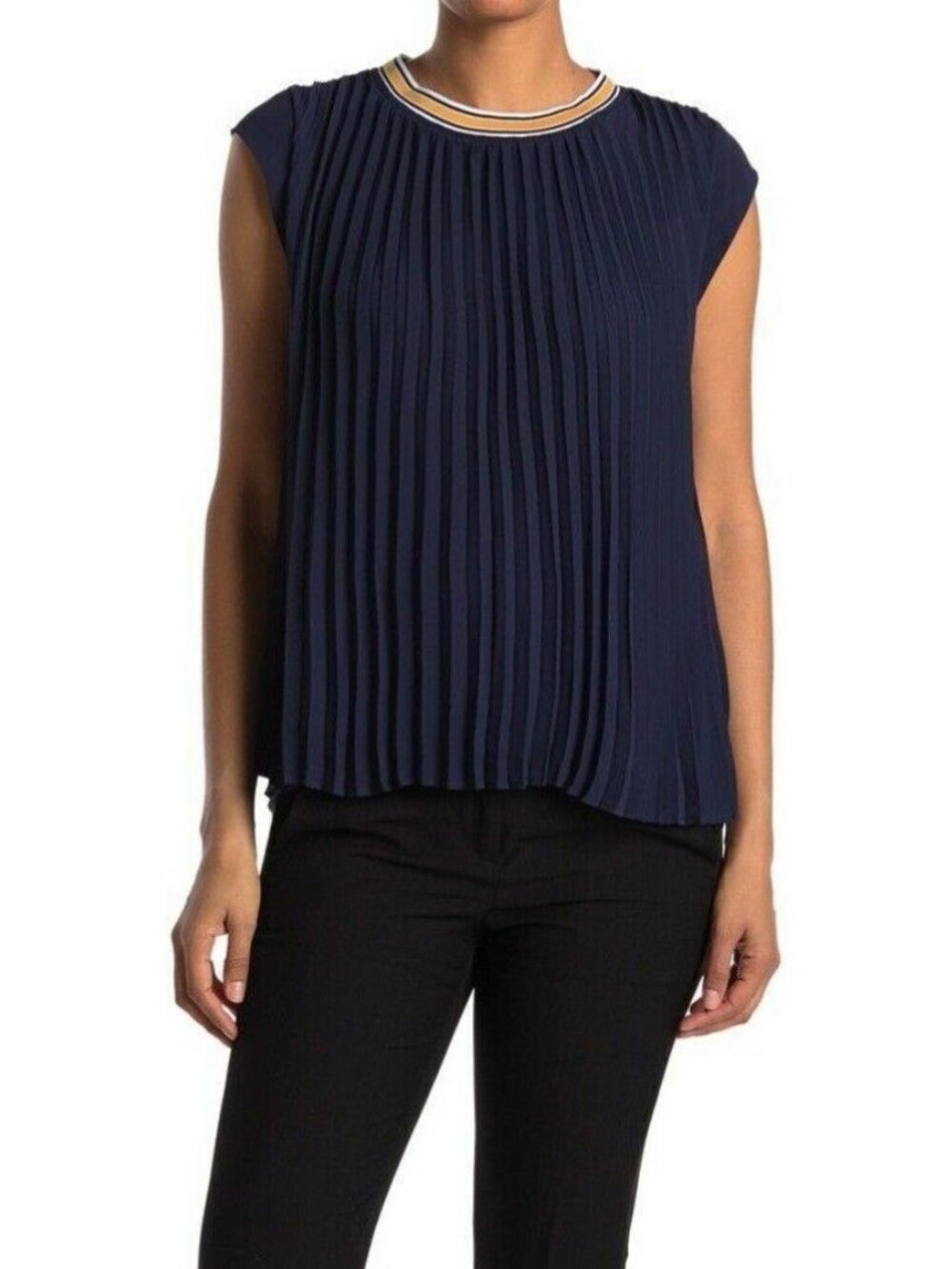 DR2 Women Navy Pleated Sleeveless With Striped Neckline Blouse Size XS